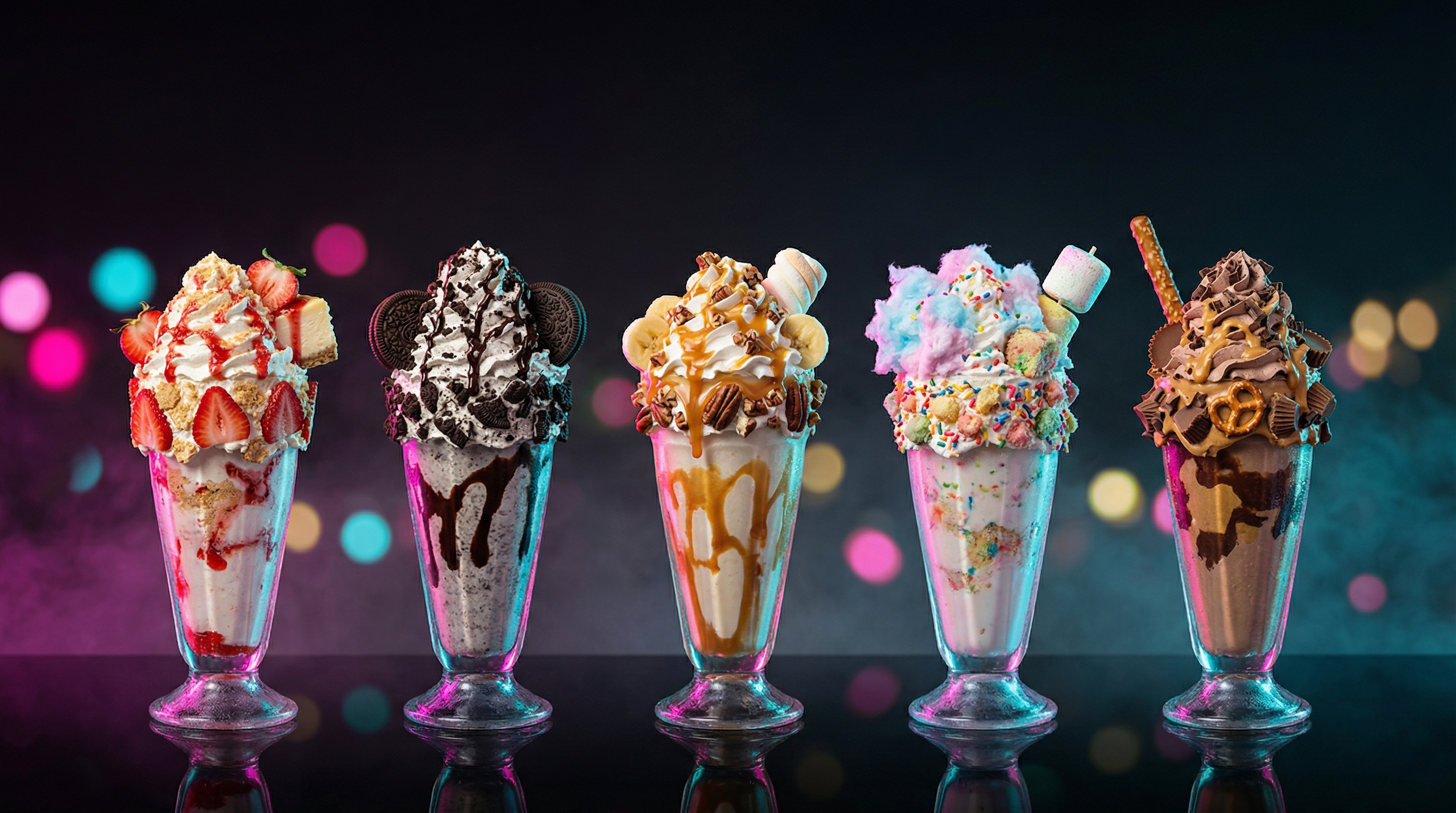 Neon-lit lineup of loaded gourmet milkshakes — Rich Rollz