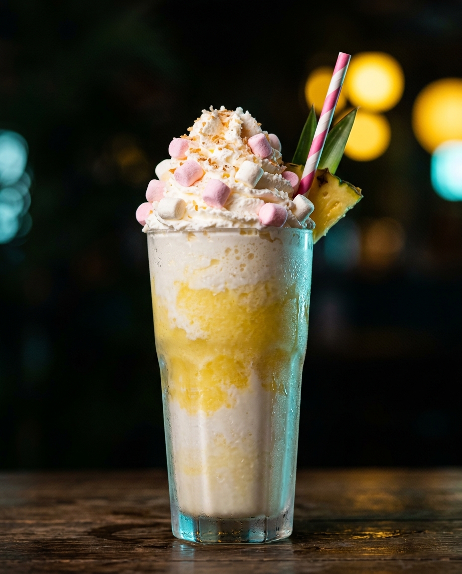 Pink Kitten pineapple coconut milkshake with marshmallows
