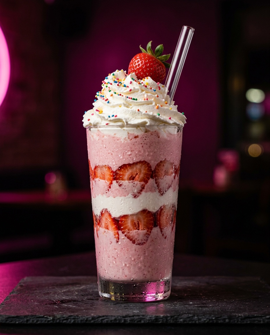 Pink Panther strawberry milkshake with whipped cream and sprinkles