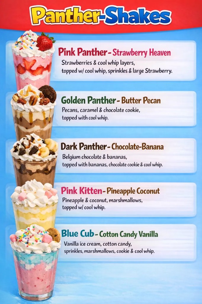 Panther Shakes classic menu: Pink Panther, Golden Panther, Dark Panther, Pink Kitten, Blue Cub